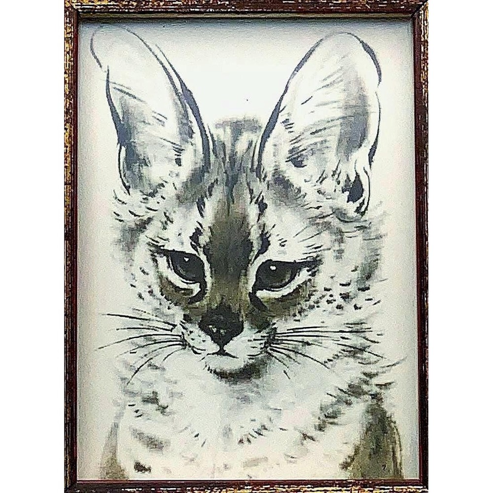 Cat Miniature Art Drawing in Lavish Gold Frame Iron Tabletop Easel Vintage 90s - Picture 3 of 10